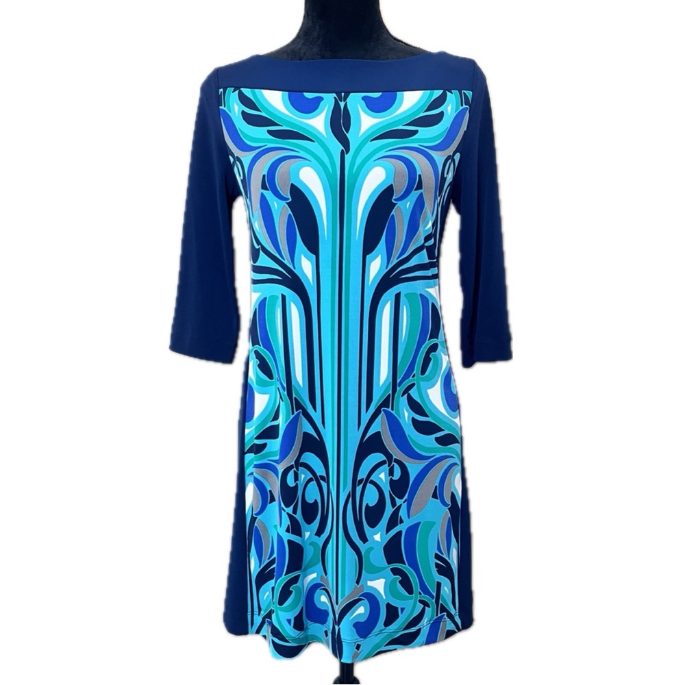 BANANA REPUBLIC 3/4 Sleeve Jersey Stretch Retro Print Shift Dress Tunic Size S